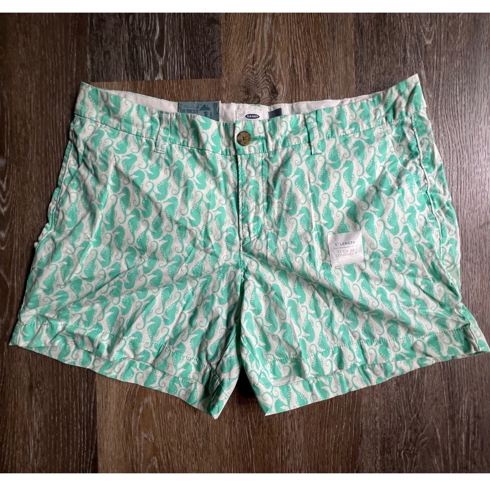 Old Navy Everyday Shorts Women 12 Teal Seahorse Print 5 Inch Inseam Chino